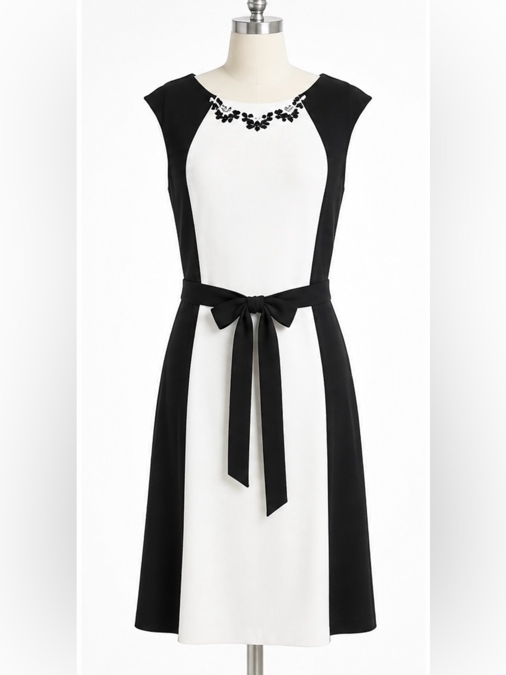 RMLL Black White Colorblock Satin Belted Jersey Stretch Timeless Dress Chic, 6P